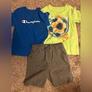 Champion Blue Tee with Soccer Graphic Tee and Gray Shorts size 4T